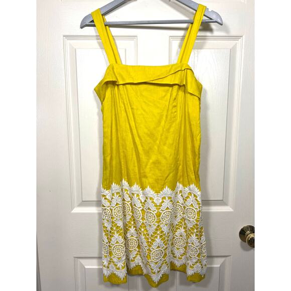 NEW Anthropologie Floreat Yellow Embossed Dress with White Lace Women's 6 - Picture 1 of 8
